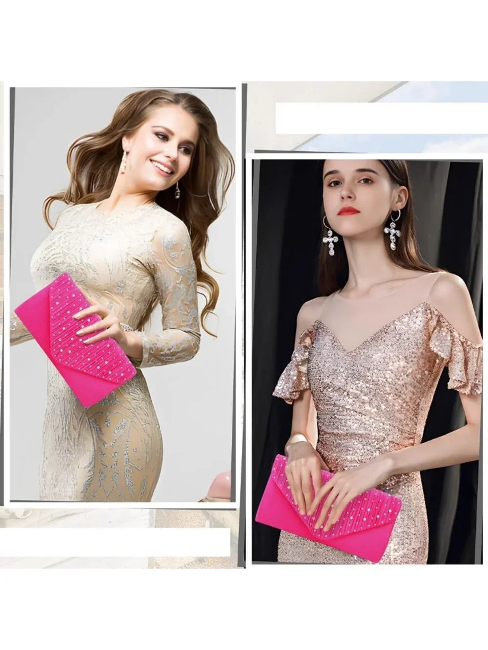 Women's Fuchsia Rhinestone Clutch Purse For Evening Bag Wedding Handbags